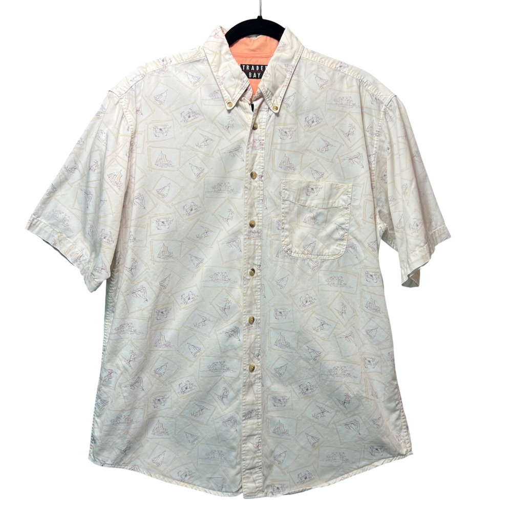 Vintage Y2K Trader Bay Sailboat Print Shirt M Beige Cotton Nautical Button Up